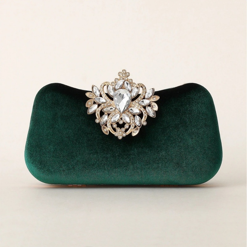 Luxury Bags Green - Dunkelgrüne Samt-Clutch Luxuriöse Strass-Blumenbrosche Harte Abendhandtasche